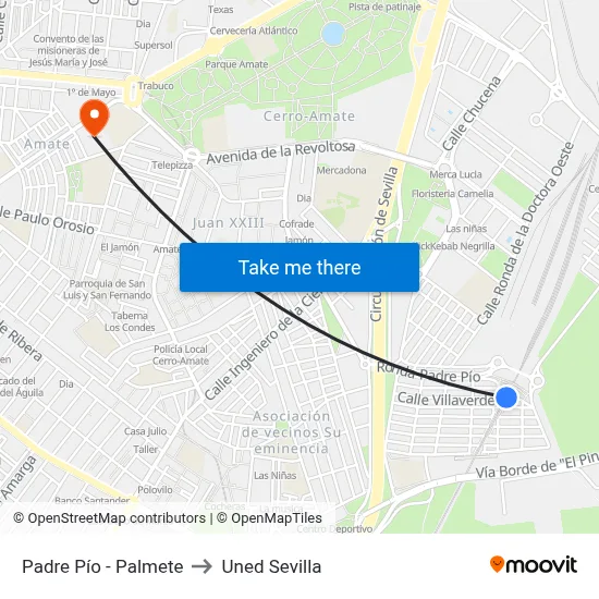 Padre Pío - Palmete to Uned Sevilla map