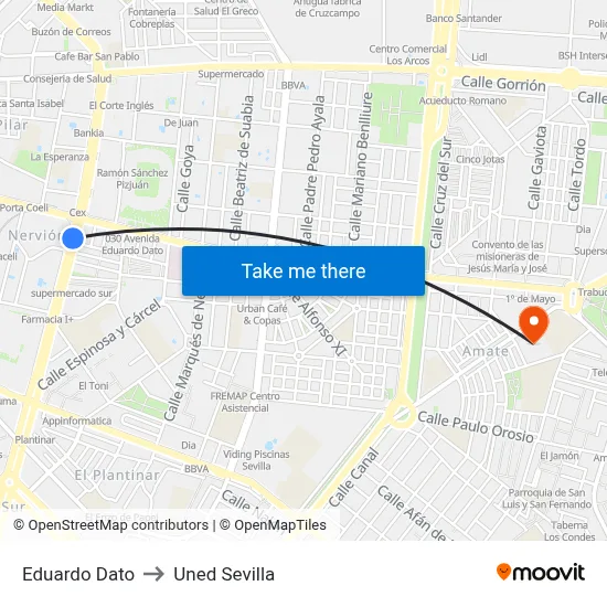 Eduardo Dato to Uned Sevilla map