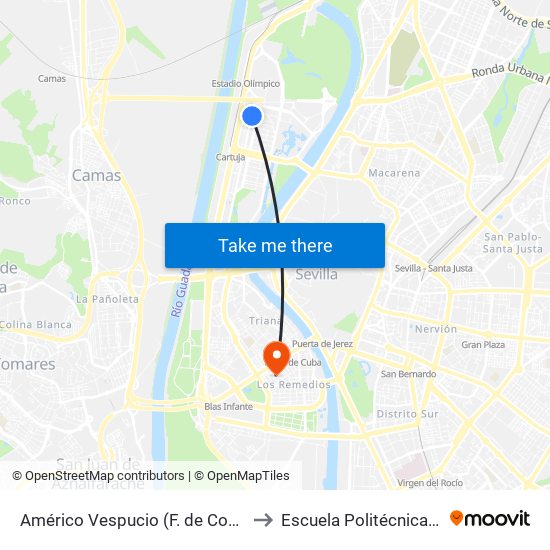 Américo Vespucio (F. de Comunicación) to Escuela Politécnica Superior map