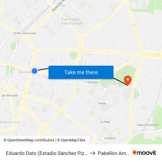 Eduardo Dato (Estadio Sánchez Pizjuán) to Pabellón Amate map