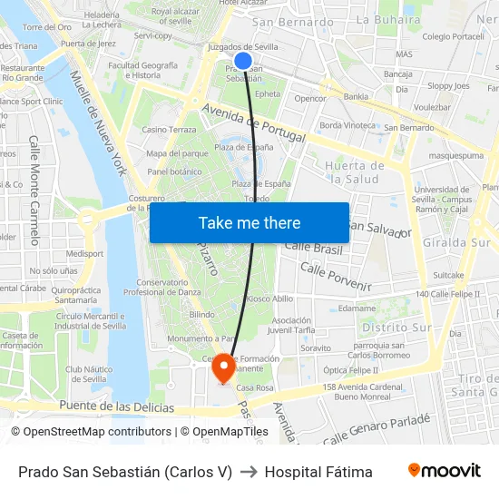 Prado San Sebastián (Carlos V) to Hospital Fátima map
