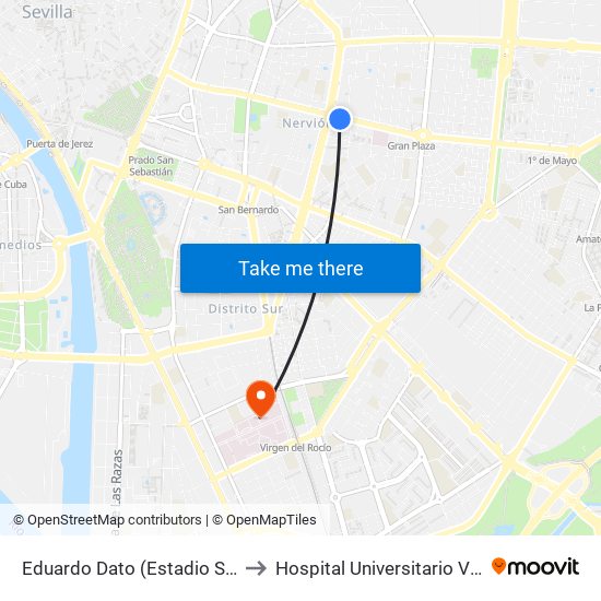 Eduardo Dato (Estadio Sánchez Pizjuán) to Hospital Universitario Virgen Del Rocío map