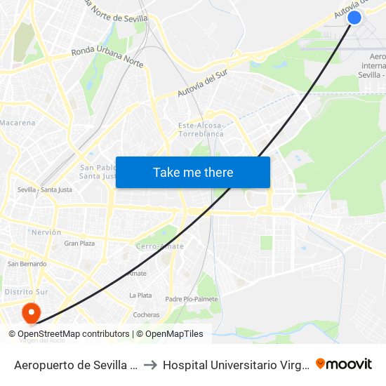 Aeropuerto de Sevilla (Llegadas) to Hospital Universitario Virgen Del Rocío map