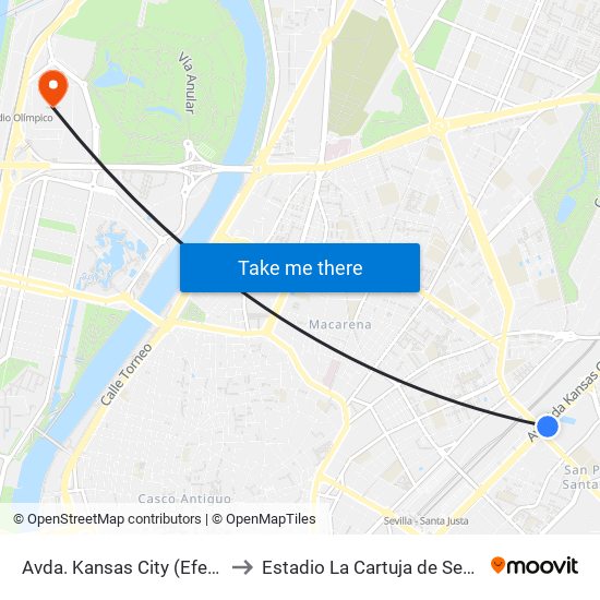 Avda. Kansas City (Efeso) to Estadio La Cartuja de Sevilla map