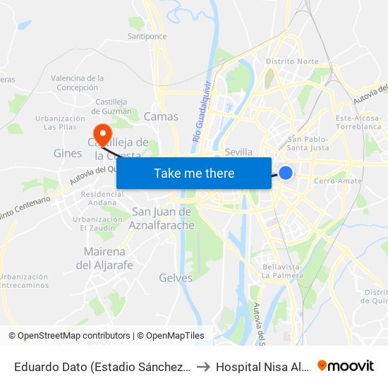 Eduardo Dato (Estadio Sánchez Pizjuán) to Hospital Nisa Aljarafe map