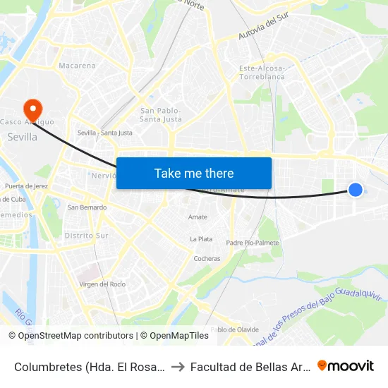 Columbretes (Hda. El Rosario) to Facultad de Bellas Artes map