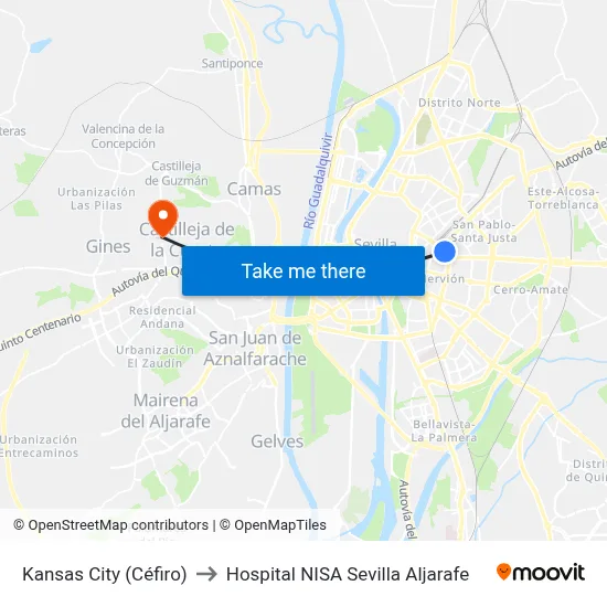 Kansas City (Céfiro) to Hospital NISA Sevilla Aljarafe map