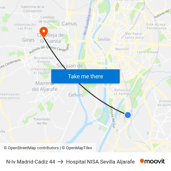 N-Iv Madrid-Cádiz 44 to Hospital NISA Sevilla Aljarafe map