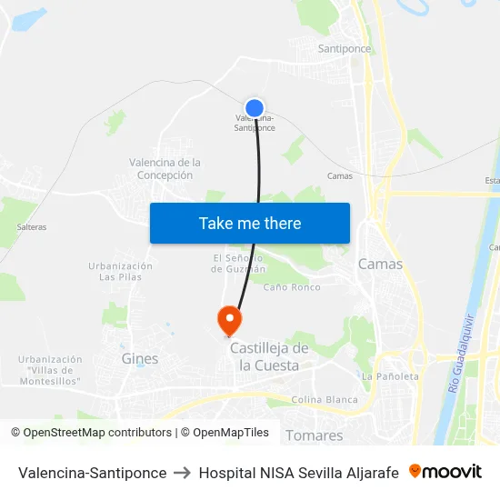 Valencina-Santiponce to Hospital NISA Sevilla Aljarafe map