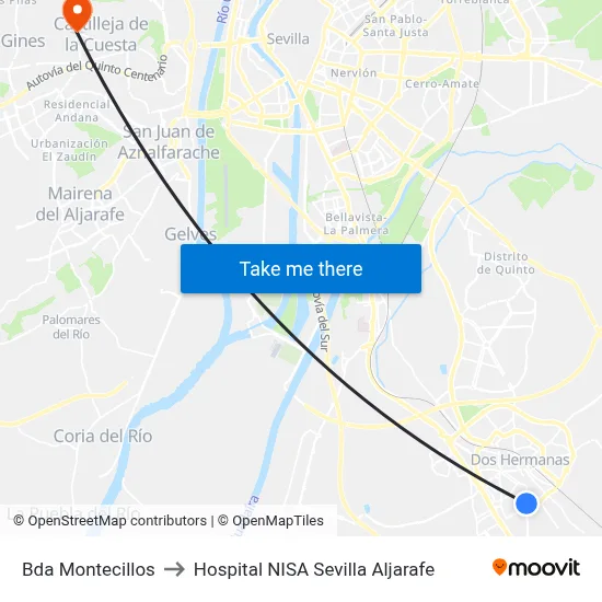 Bda Montecillos to Hospital NISA Sevilla Aljarafe map