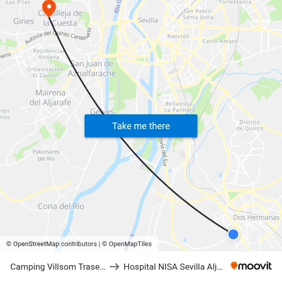 Camping Villsom Trasera V to Hospital NISA Sevilla Aljarafe map