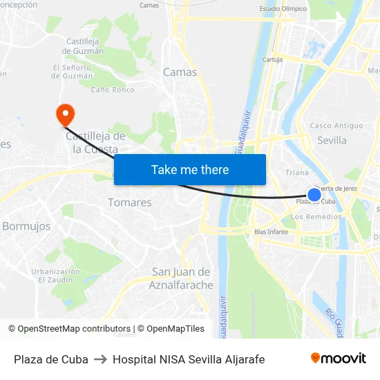Plaza de Cuba to Hospital NISA Sevilla Aljarafe map