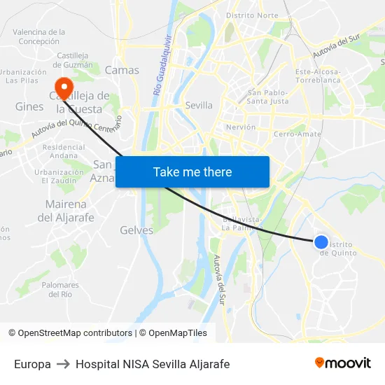 Europa to Hospital NISA Sevilla Aljarafe map