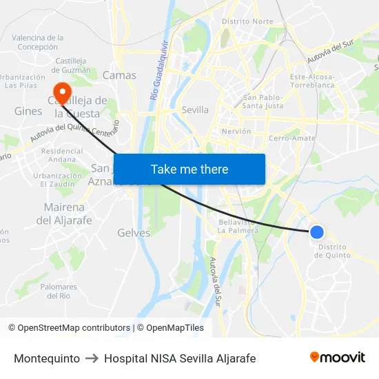 Montequinto to Hospital NISA Sevilla Aljarafe map