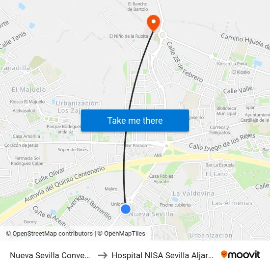 Nueva Sevilla Convento to Hospital NISA Sevilla Aljarafe map