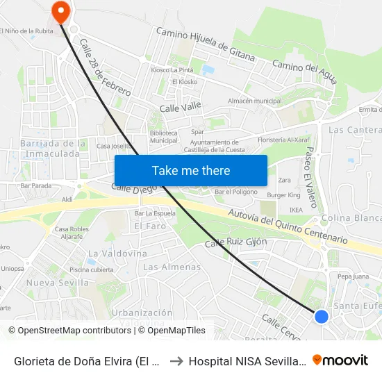 Glorieta de Doña Elvira (El Torero (V)) to Hospital NISA Sevilla Aljarafe map