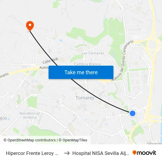 Hipercor Frente Leroy Merlin to Hospital NISA Sevilla Aljarafe map