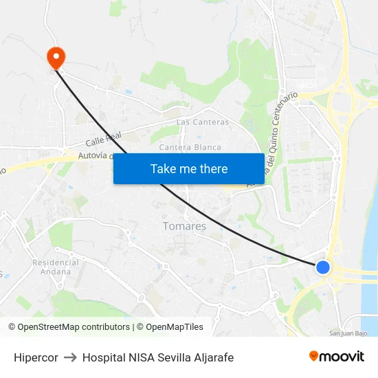 Hipercor to Hospital NISA Sevilla Aljarafe map