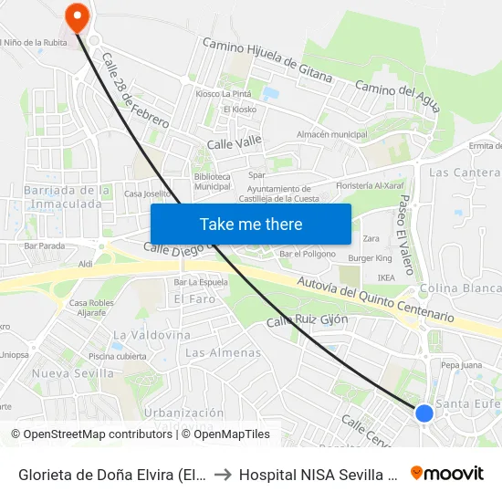 Glorieta de Doña Elvira (El Torero) to Hospital NISA Sevilla Aljarafe map