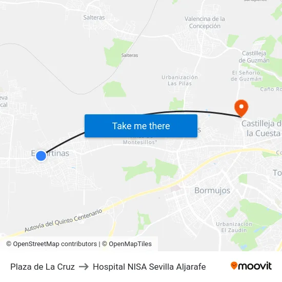 Plaza de La Cruz to Hospital NISA Sevilla Aljarafe map