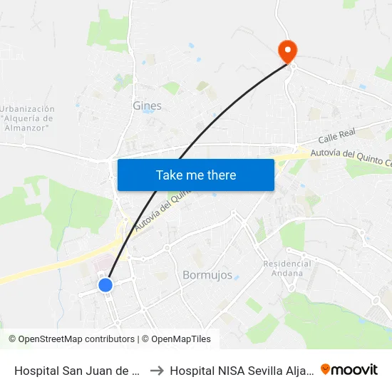 Hospital San Juan de Dios to Hospital NISA Sevilla Aljarafe map