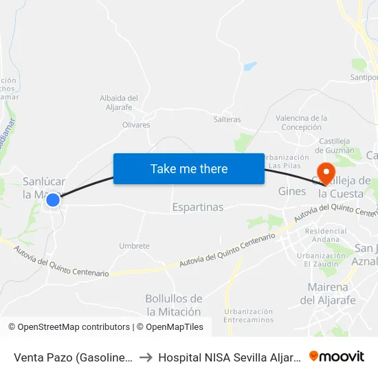 Venta Pazo (Gasolinera) to Hospital NISA Sevilla Aljarafe map