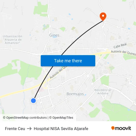 Frente Ceu to Hospital NISA Sevilla Aljarafe map