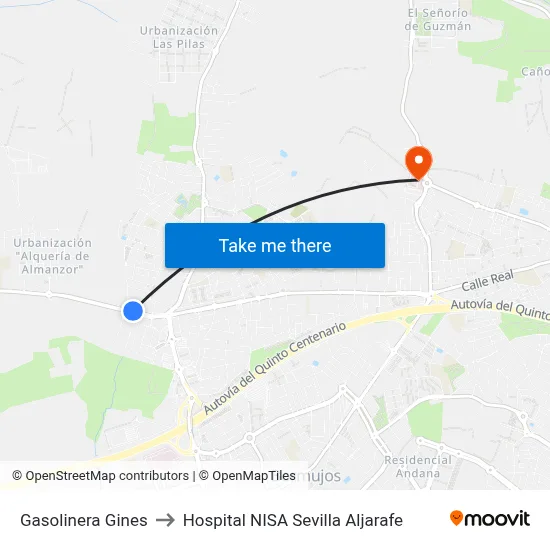 Gasolinera Gines to Hospital NISA Sevilla Aljarafe map