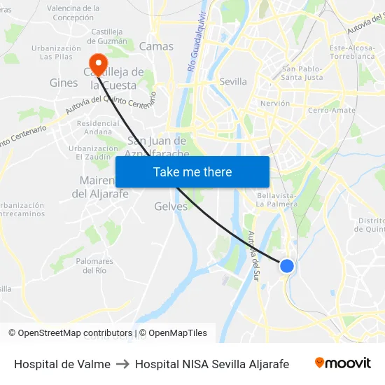 Hospital de Valme to Hospital NISA Sevilla Aljarafe map