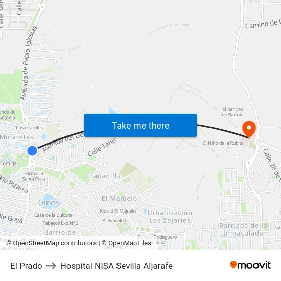 El Prado to Hospital NISA Sevilla Aljarafe map