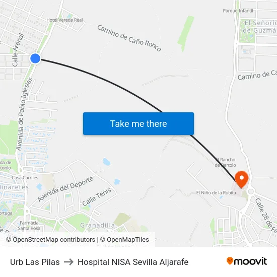 Urb Las Pilas to Hospital NISA Sevilla Aljarafe map