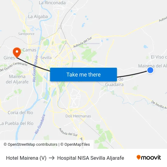 Hotel Mairena (V) to Hospital NISA Sevilla Aljarafe map
