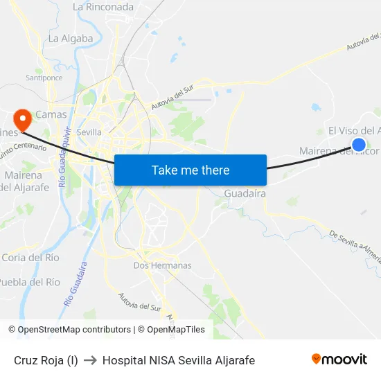 Cruz Roja (I) to Hospital NISA Sevilla Aljarafe map