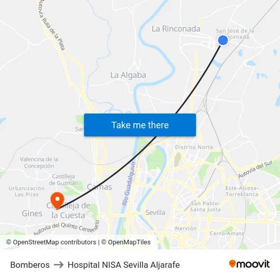 Bomberos to Hospital NISA Sevilla Aljarafe map