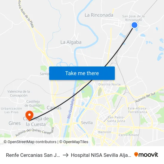 Renfe Cercanias San Jose to Hospital NISA Sevilla Aljarafe map