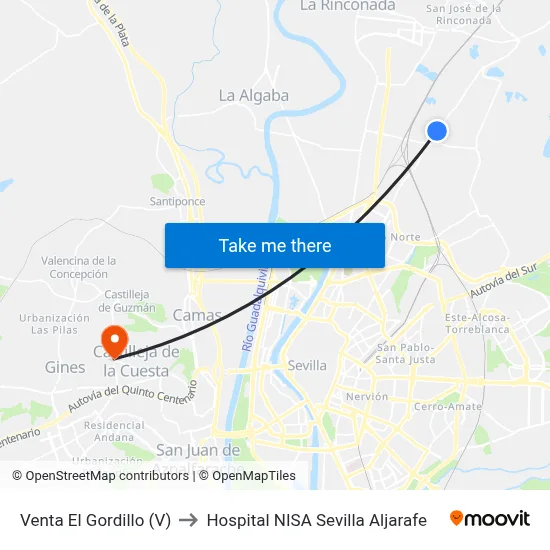 Venta El Gordillo (V) to Hospital NISA Sevilla Aljarafe map