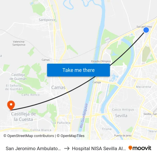 San Jeronimo Ambulatorio (V) to Hospital NISA Sevilla Aljarafe map