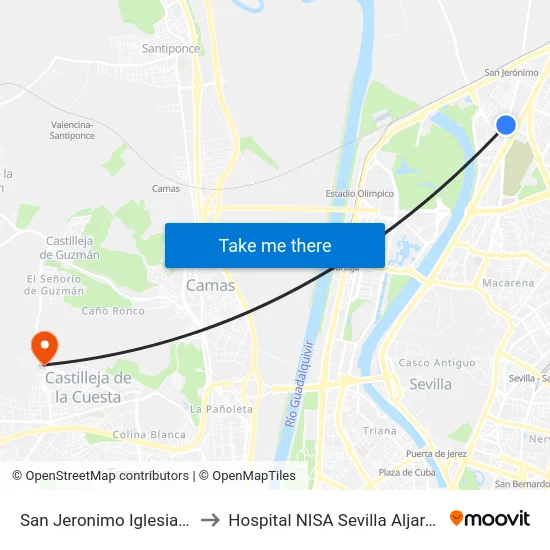 San Jeronimo Iglesia (I) to Hospital NISA Sevilla Aljarafe map