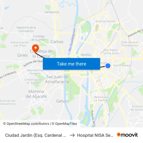 Ciudad Jardin (Esq. Cardenal Rodrigo de Castro) to Hospital NISA Sevilla Aljarafe map