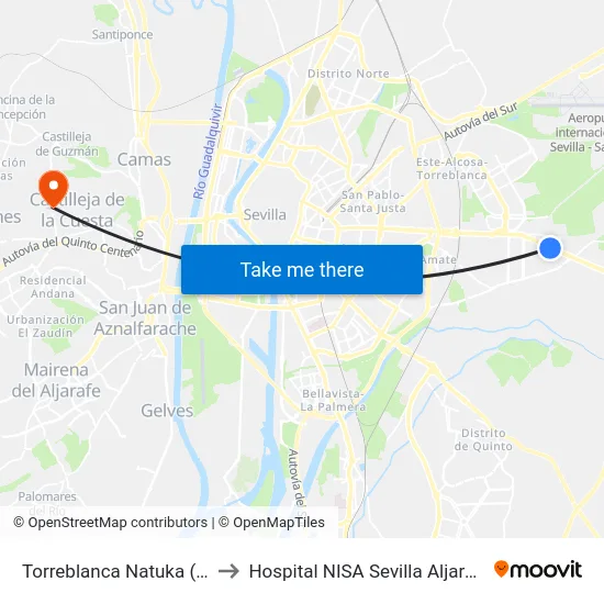 Torreblanca Natuka (V) to Hospital NISA Sevilla Aljarafe map