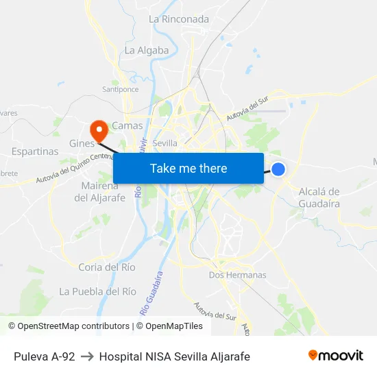 Puleva A-92 to Hospital NISA Sevilla Aljarafe map