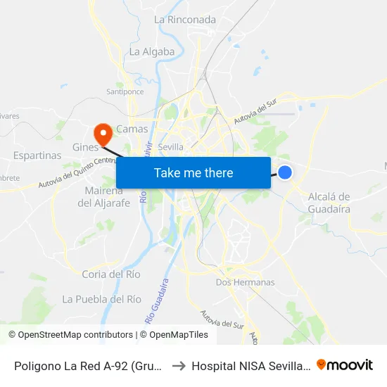 Poligono La Red A-92 (Gruas Lozano) to Hospital NISA Sevilla Aljarafe map