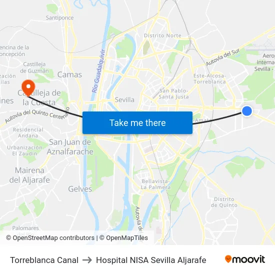 Torreblanca Canal to Hospital NISA Sevilla Aljarafe map