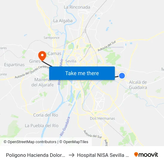 Poligono Hacienda Dolores A-92 to Hospital NISA Sevilla Aljarafe map