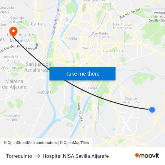 Torrequinto to Hospital NISA Sevilla Aljarafe map