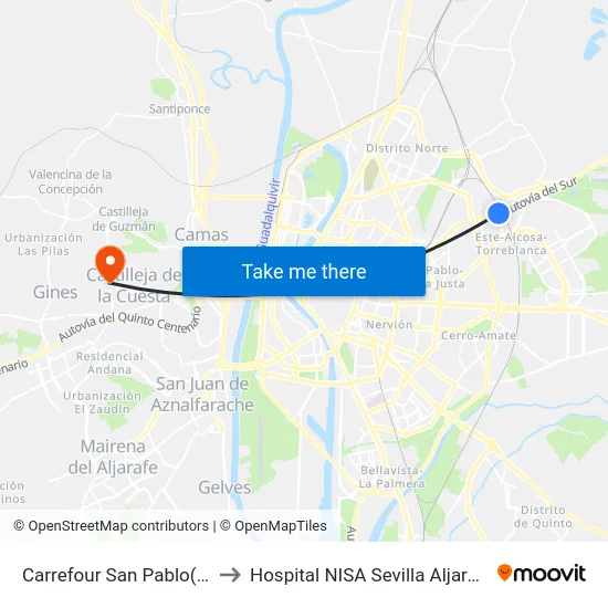Carrefour San Pablo(V) to Hospital NISA Sevilla Aljarafe map