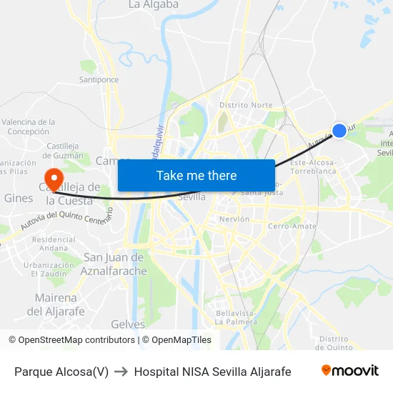 Parque Alcosa(V) to Hospital NISA Sevilla Aljarafe map