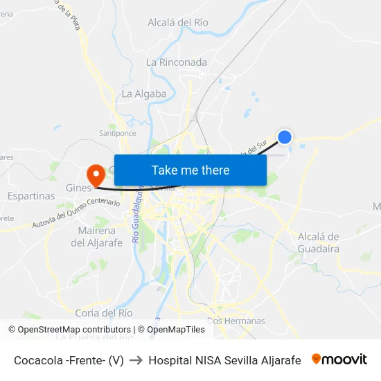 Cocacola -Frente- (V) to Hospital NISA Sevilla Aljarafe map