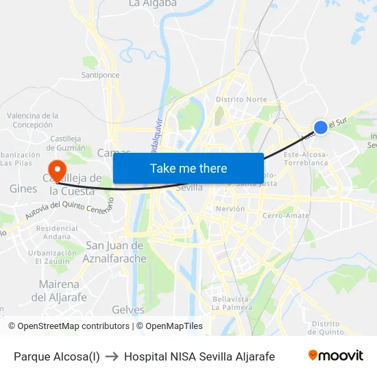Parque Alcosa(I) to Hospital NISA Sevilla Aljarafe map