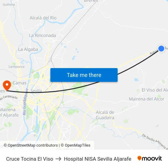 Cruce Tocina El Viso to Hospital NISA Sevilla Aljarafe map